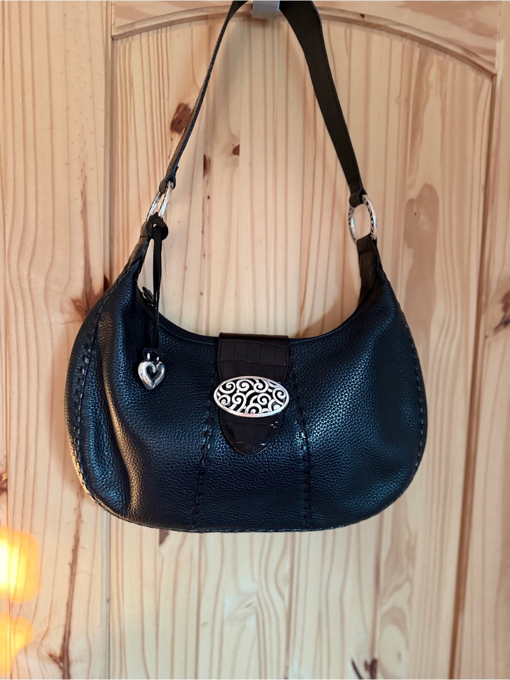 Brighton Black Leather Shoulder Bag with Silver Filigree Accent